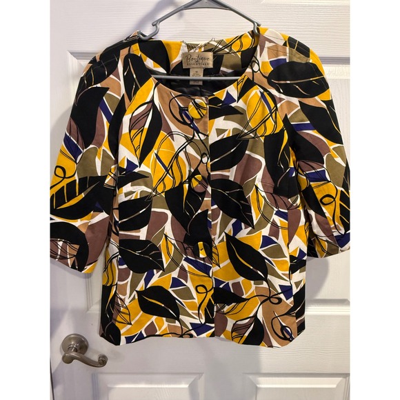 Boutique Essentials Jackets & Blazers - Boutique Essentials Yellow Black Abstract Leaf Print Button Up Jacket Size 10